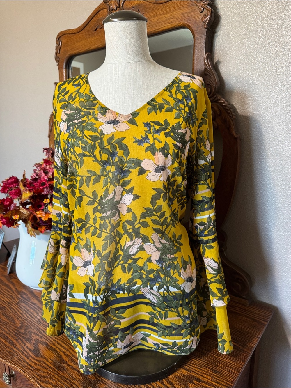CAbi Floral V-Neck Long Sleeve top in Mustard green soft rose floral print